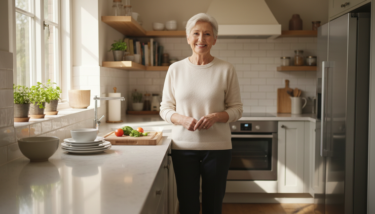 Eye-level view of an older adult standing comfortably near a kitchen counter.