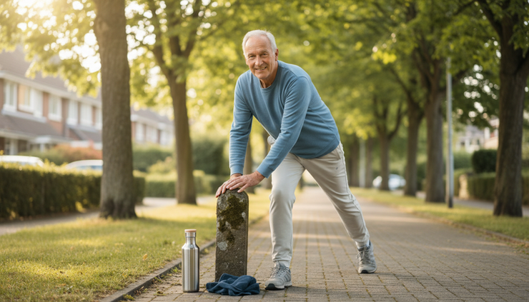 Eye-level view of an older adult stretching beside a water bottle after a walk