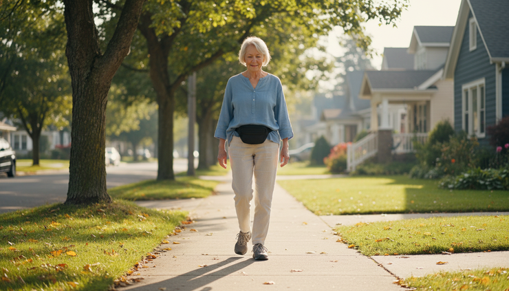 Wide-angle view of an older adult walking slowly on a quiet neighborhood sidewalk.