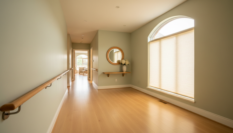 Wide-angle view of a clear hallway with bright lighting and supportive handrails in a senior-friendly home.
