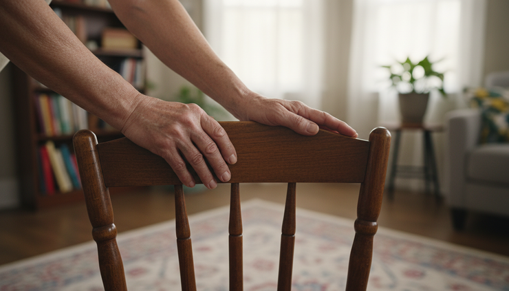 Close-up view of steady hands resting on a sturdy chair during a gentle movement routine.