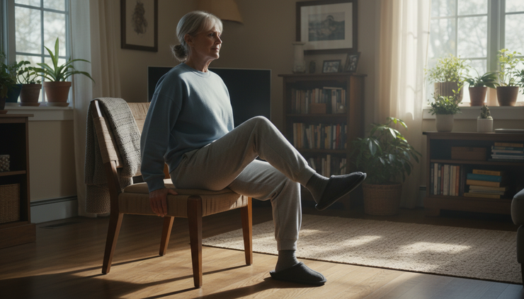 Eye-level view of an older adult doing seated knee lifts beside a sturdy chair.