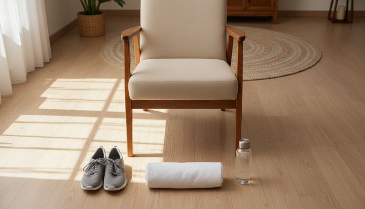 Overhead view of a simple home exercise setup with a chair, towel, water bottle, and walking shoes.