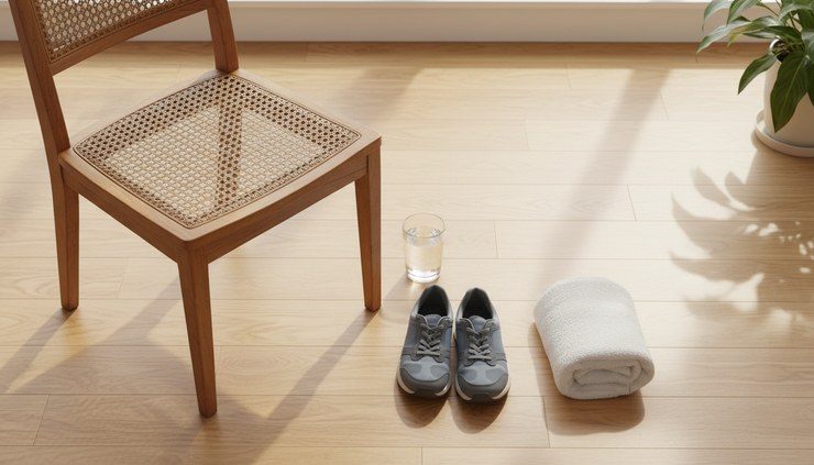 Overhead view of water, walking shoes, and a towel placed near a chair after a senior workout