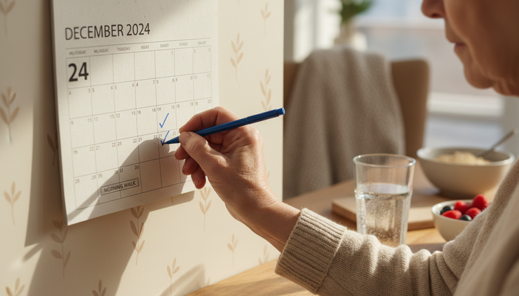 Close-up view of a senior marking a completed morning walk on a kitchen calendar.