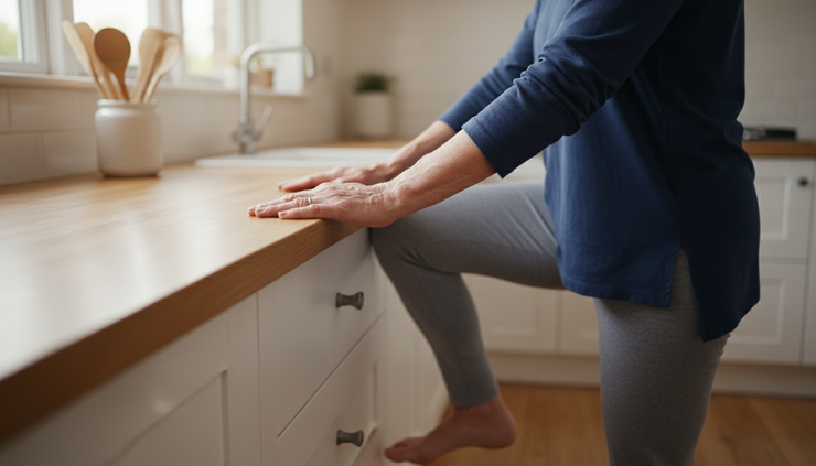 Close-up view of a senior adult holding a countertop while gently lifting one heel.