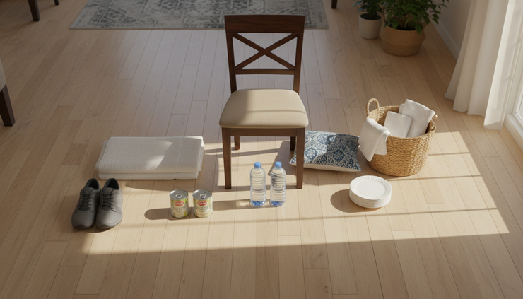 Overhead view of simple household exercise items arranged on a living room floor.