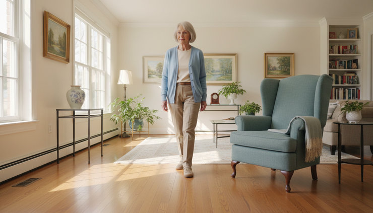 Wide-angle view of an older adult walking through a bright living room with a sturdy chair nearby.