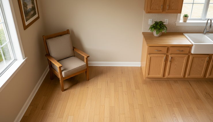 Overhead view of a simple home exercise area with a chair near a wall and countertop nearby.
