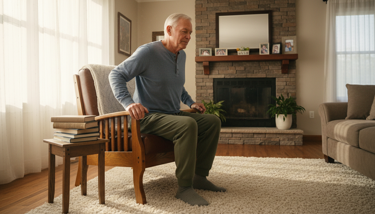 Wide-angle view of a senior adult doing a sit to stand exercise from a sturdy chair.