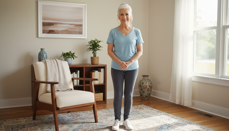 Eye-level view of an older adult smiling after a gentle stretching routine beside a chair