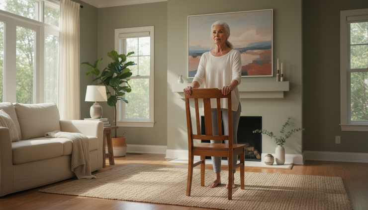 Wide-angle view of an older adult standing beside a sturdy chair in a bright living room.