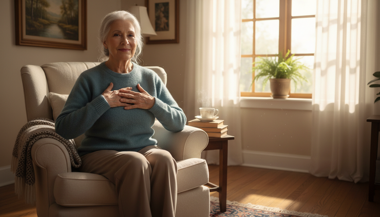 Eye-level view of an older adult sitting upright and breathing calmly near a sunny window.