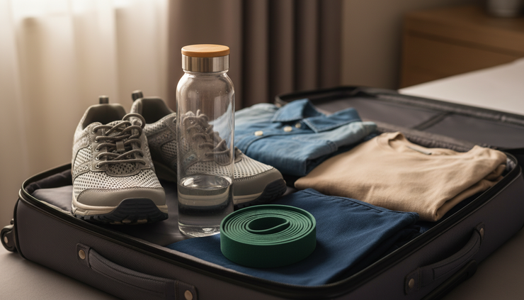 Close-up view of walking shoes, a water bottle, and a light resistance band on a neatly packed suitcase.