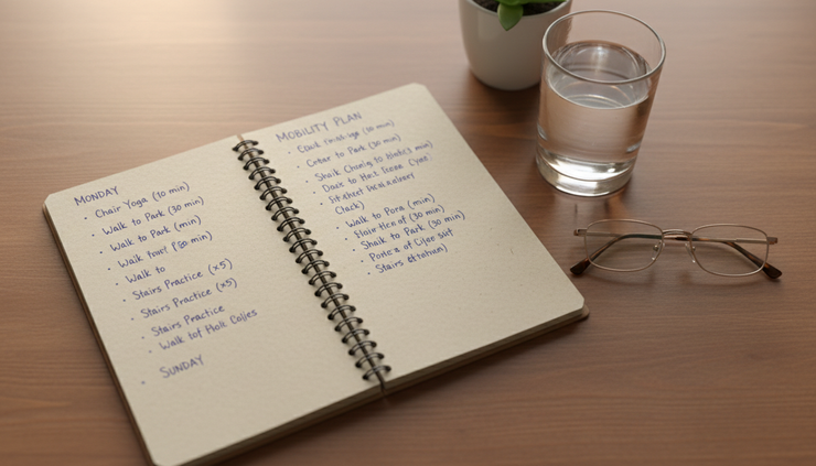 Overhead view of a simple weekly mobility plan notebook beside a glass of water and reading glasses.