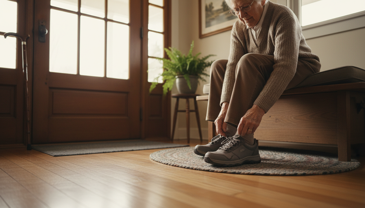 Close-up view of an older adult fastening supportive walking shoes near a front door.