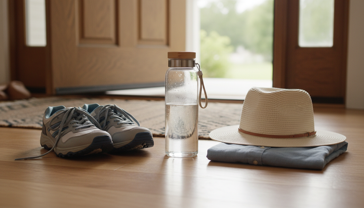 Close-up view of a water bottle, walking shoes, and a sun hat ready by a front door