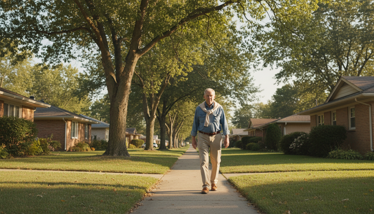 Wide-angle view of an older adult walking slowly on a neighborhood sidewalk