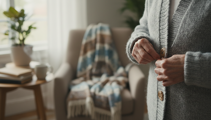 Close-up view of an older adult buttoning a cardigan with steady hands.