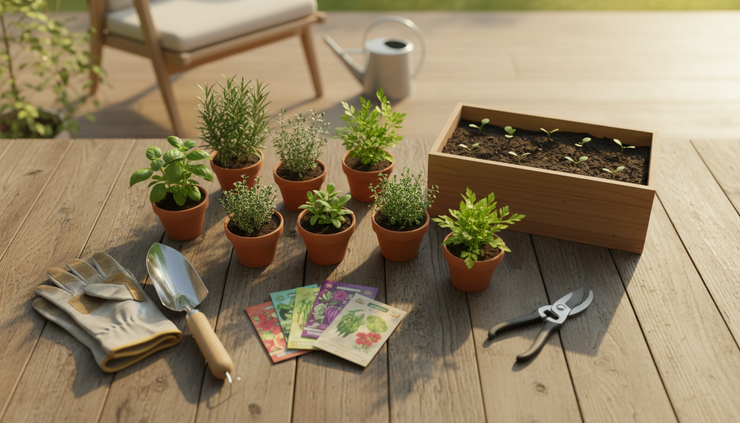 Overhead view of fresh herbs, gloves, and hand tools arranged beside a small patio garden.