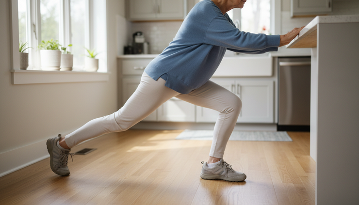 Close-up view of an older adult doing a supported counter exercise with one leg sliding back.