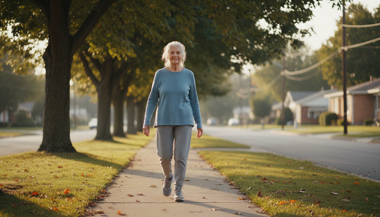 Eye-level view of an older adult walking on a quiet neighborhood sidewalk.