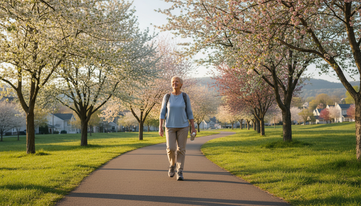 Wide-angle view of an older adult walking on a quiet spring path.