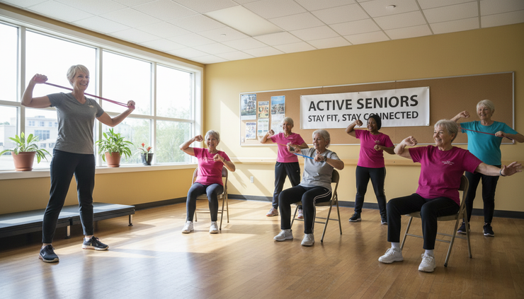 Wide-angle view of seniors exercising together in a community center class.