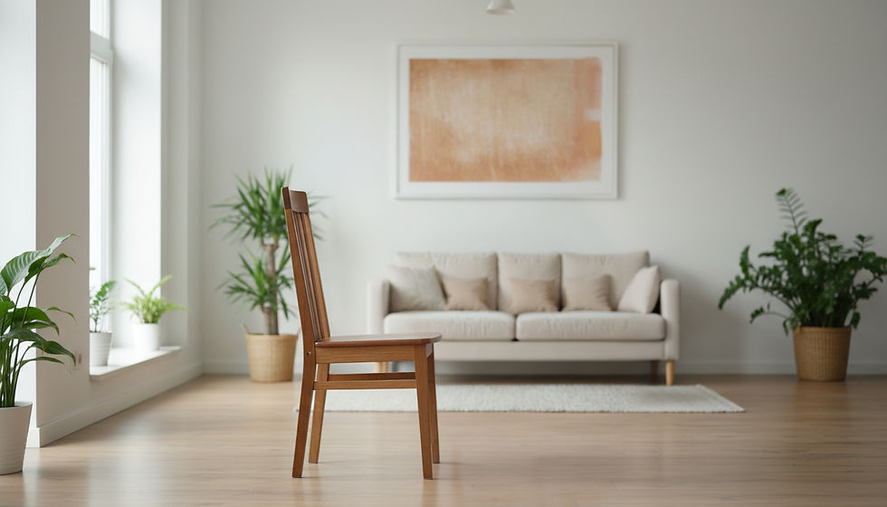 Eye-level view of an older adult standing beside a sturdy armless kitchen chair.