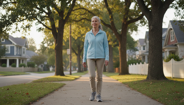 Eye-level view of an older adult walking confidently on a quiet neighborhood sidewalk.