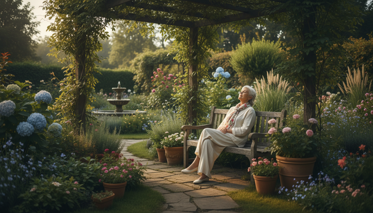 Wide-angle view of an older adult relaxing on a shaded garden bench