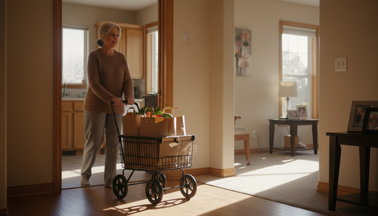 Eye-level view of an older adult using a small rolling cart to move groceries through a doorway.