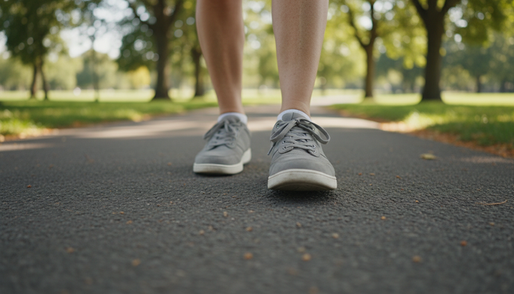 Close-up of an older adult’s walking shoes on a paved path.