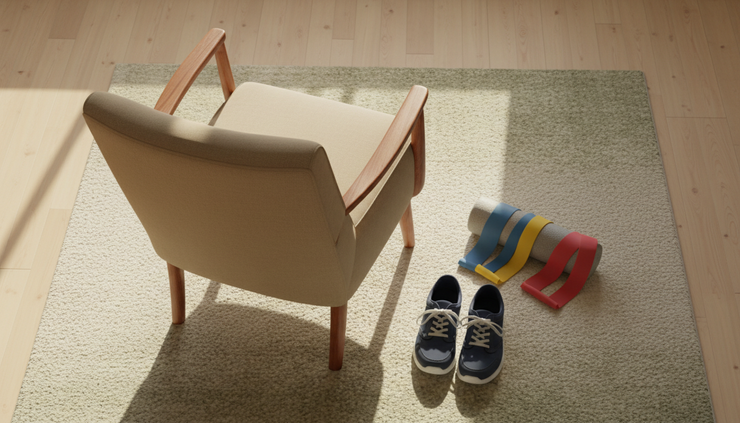 Overhead view of resistance bands and supportive shoes beside a living room chair.
