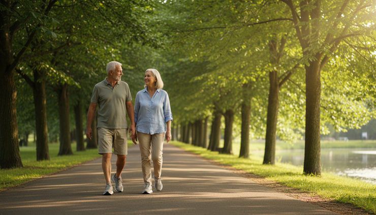 Wide-angle view of an older adult walking on a flat park path with a friend nearby.