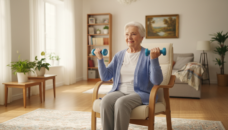 Eye-level view of an older adult lifting light dumbbells at home