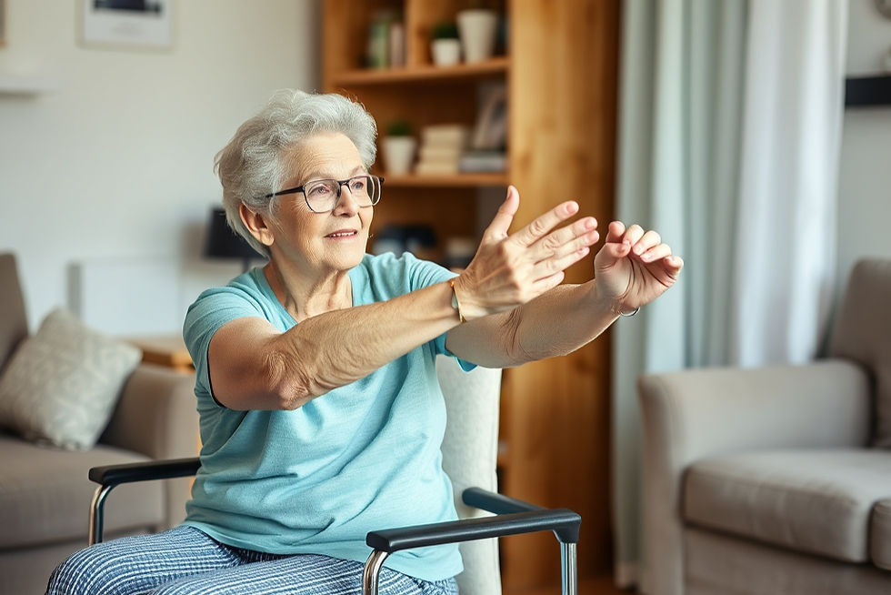 Eye-level view of an older adult doing seated marching in a bright living room.