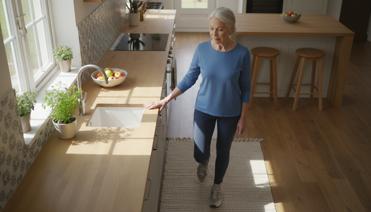 Overhead view of an older adult practicing balance beside a sturdy kitchen counter.