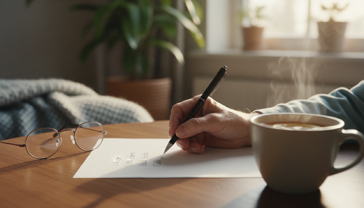 Close-up of an older adult placing a check mark beside a simple task list