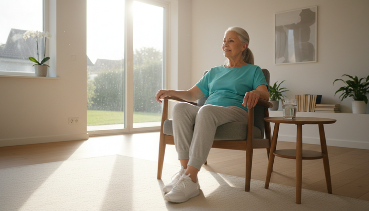 Wide-angle view of an older adult smiling after finishing a chair strength workout at home.