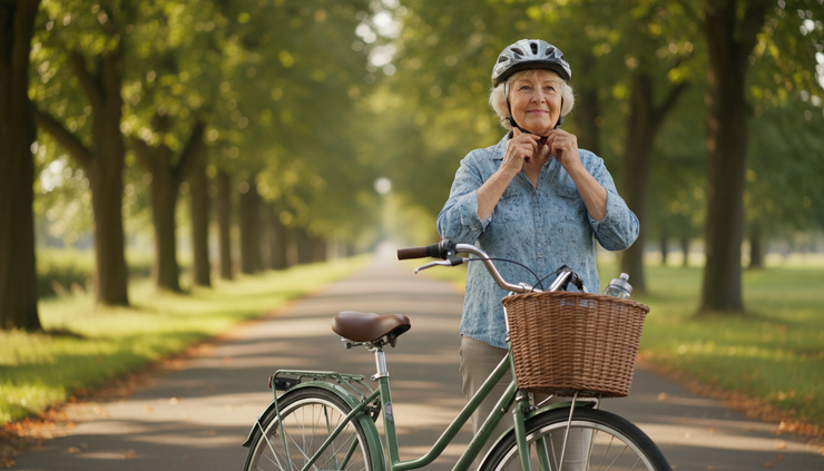 Eye-level view of an older adult putting on a bicycle helmet before riding.