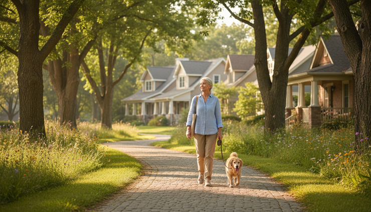 Wide-angle view of a senior adult walking on a quiet neighborhood path