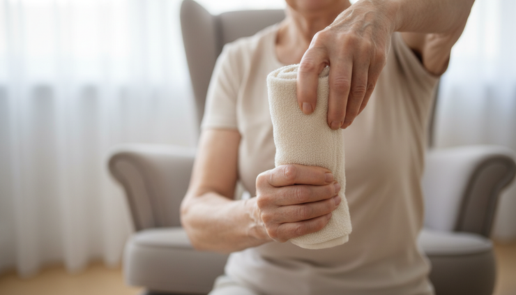 Close-up view of hands holding a towel during a gentle shoulder mobility exercise