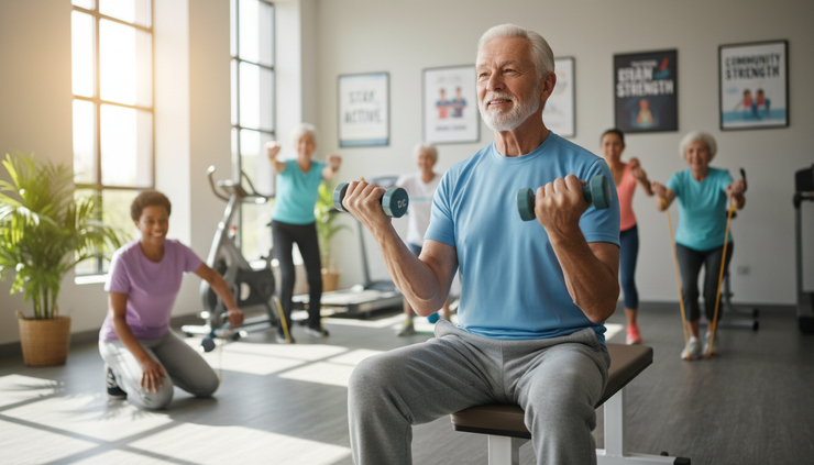 Eye-level view of a senior man doing a gentle strength exercise with light dumbbells.