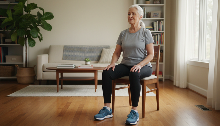 Eye-level view of an older adult sitting tall in a sturdy chair before a home strength workout.