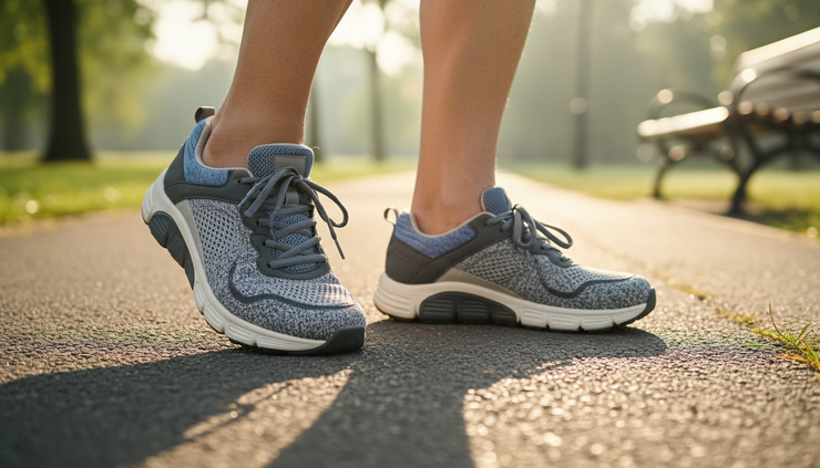 Close-up view of walking shoes stepping forward on a smooth paved path.