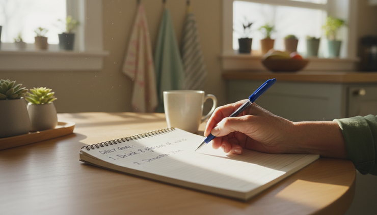 Eye-level view of an older adult writing a short goal in a kitchen notebook