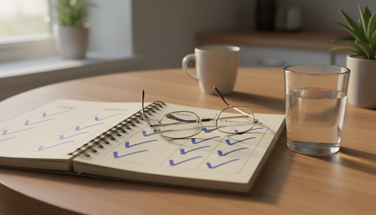 Close-up view of a notebook tracking daily walks beside a glass of water.