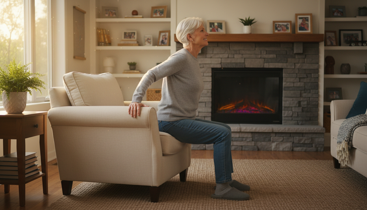 Side view of an older adult gently adjusting their seated posture in a living room chair.