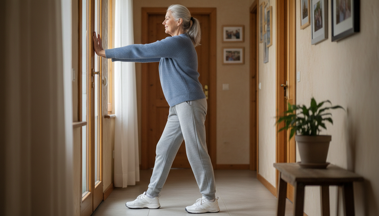 Close-up view of an older adult doing a gentle doorway chest stretch at home.